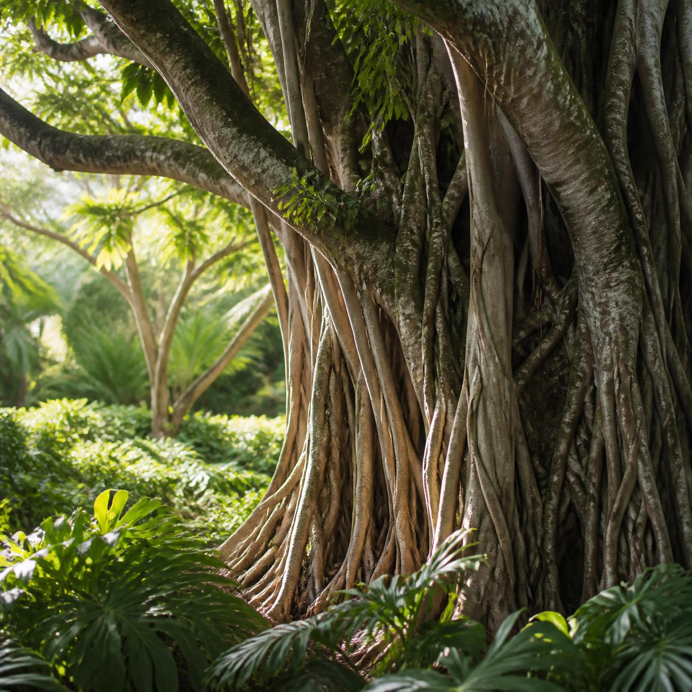 Hawaiian banyan tree with deep roots in a tropical garden on Oʻahu