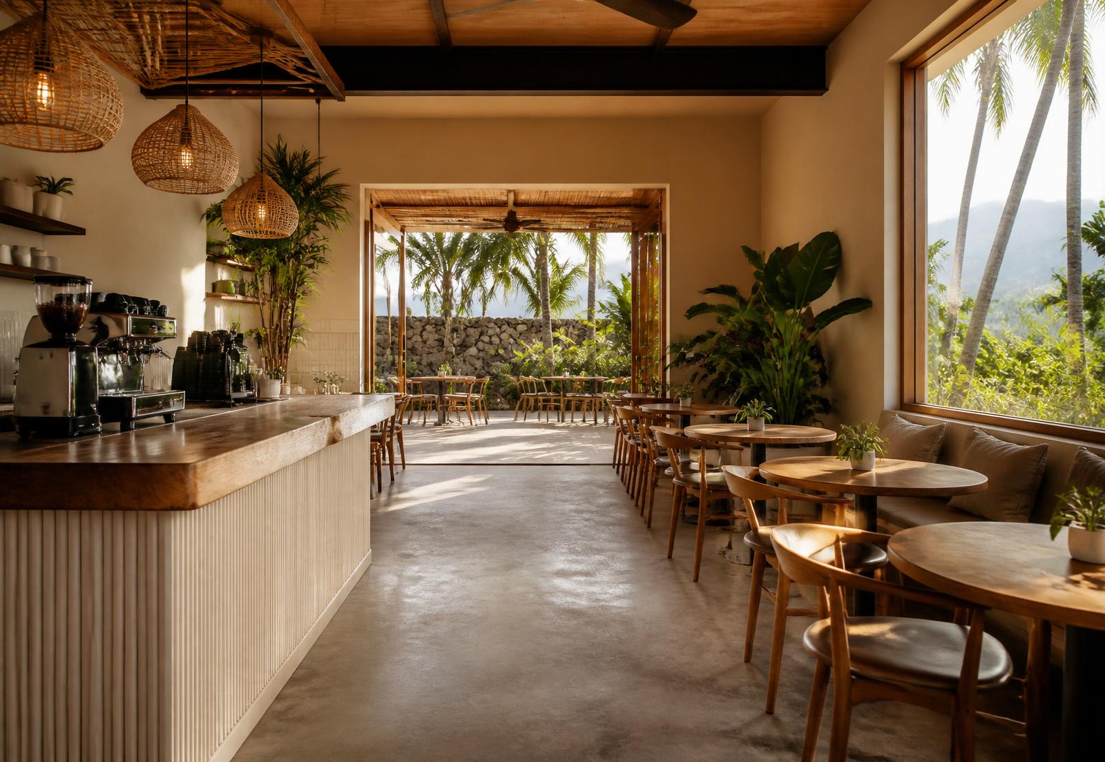 Warm interior of a local Hawaiʻi coffee shop with tropical light and open lanai