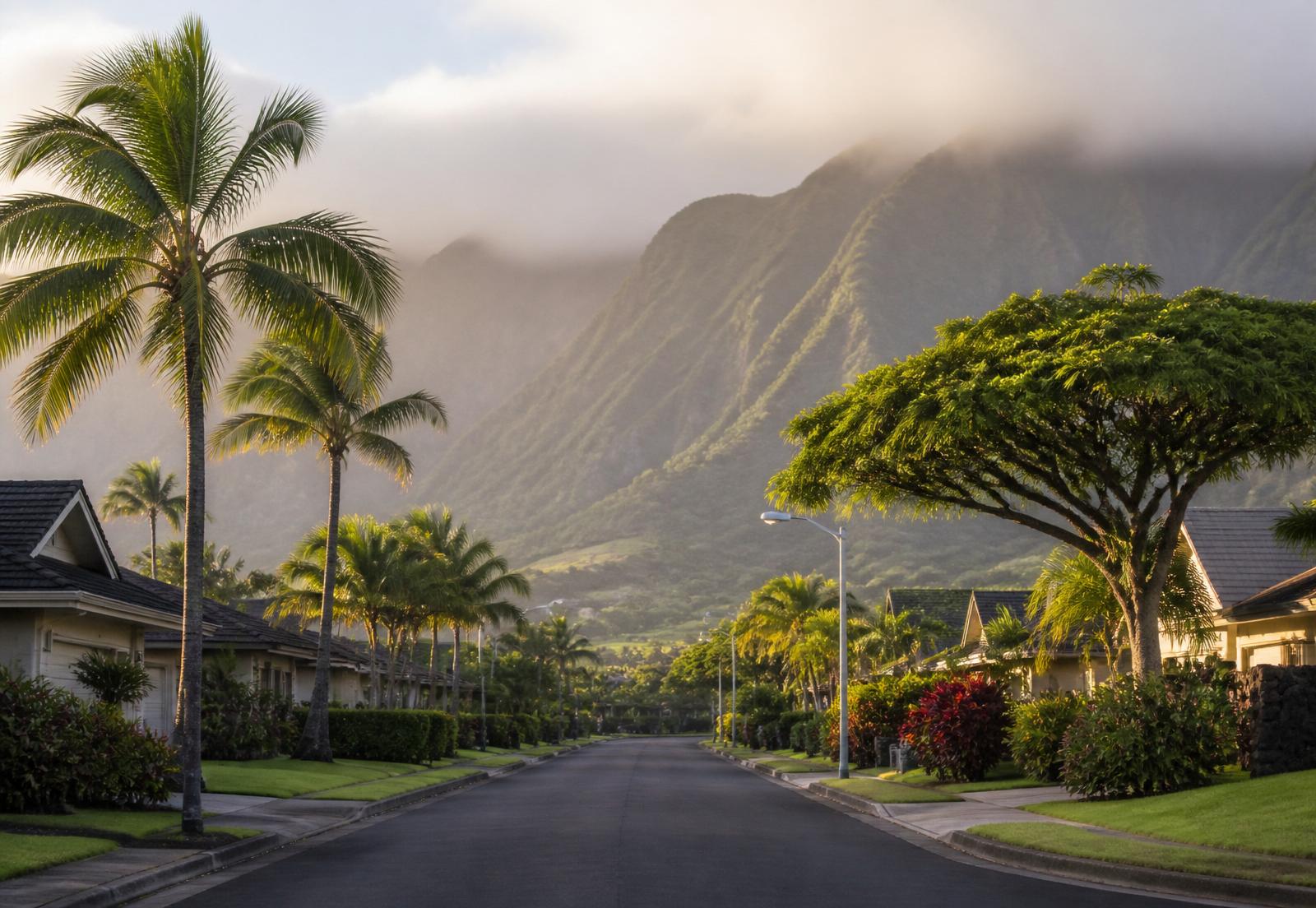 Palm-lined Mililani street with the Koʻolau mountains rising in morning mist